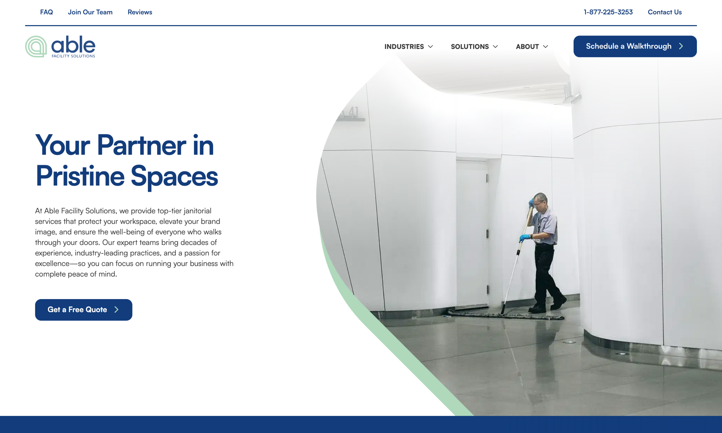 A janitor cleans a shiny office hallway with a mop while the left side of the image displays a company message about janitorial services and a "Get a Free Quote" button.