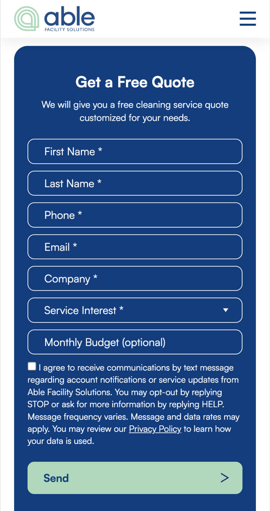 A web form from Able Facility Solutions for requesting a free cleaning service quote, asking for personal and service details, with a privacy policy link and a "Send" button.