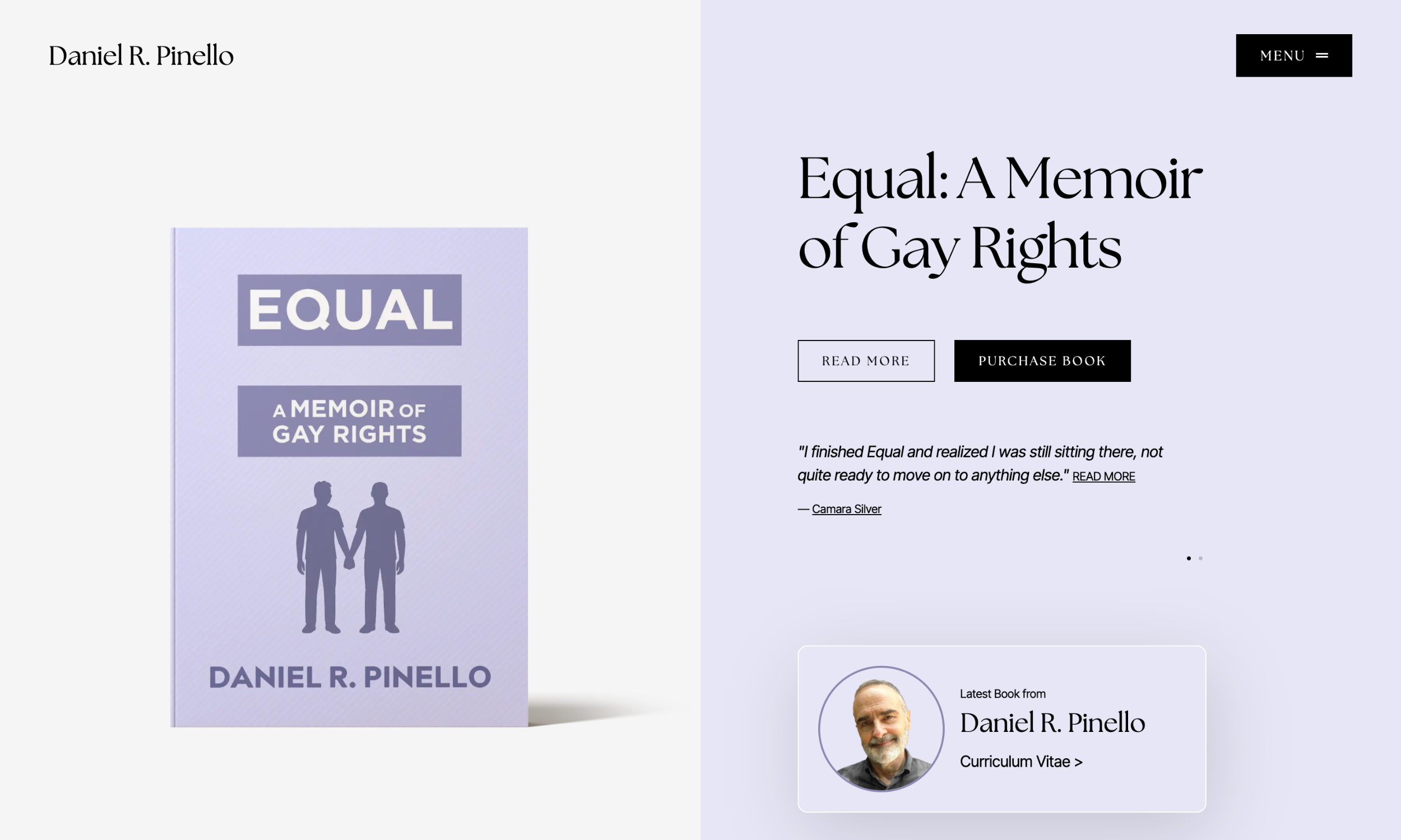 Book cover of "Equal: A Memoir of Gay Rights" by Daniel R. Pinello on the left; book summary, review, and author photo on the right.