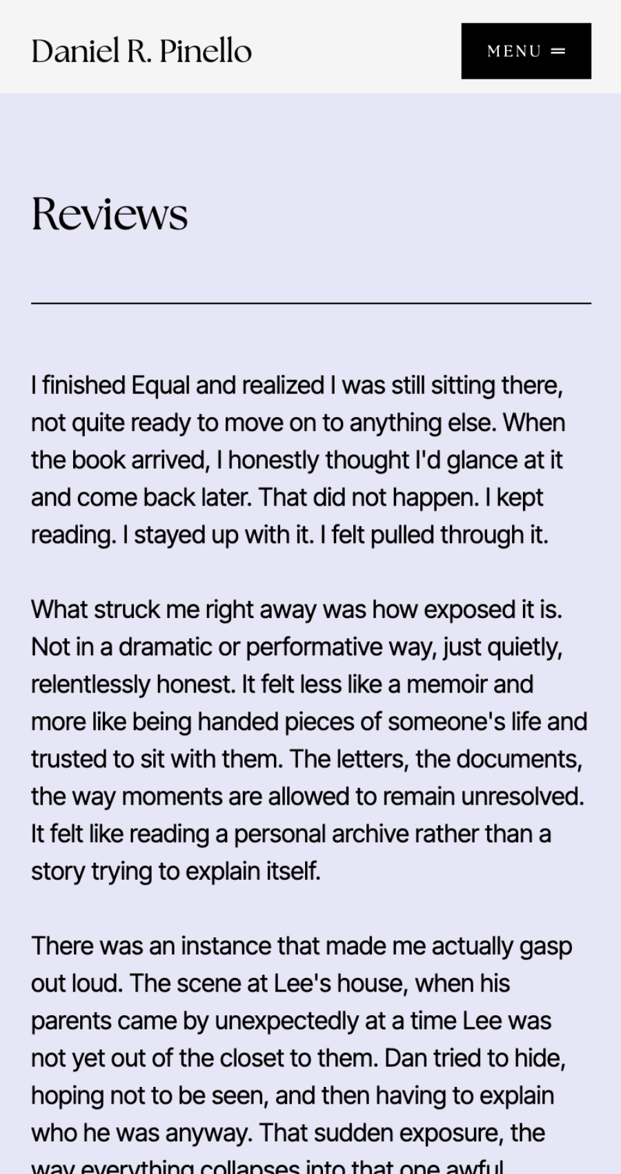 Screenshot of a book review webpage with the title "Reviews," describing the emotional impact and personal reflections experienced while reading "Equal" by Daniel R. Pinello.