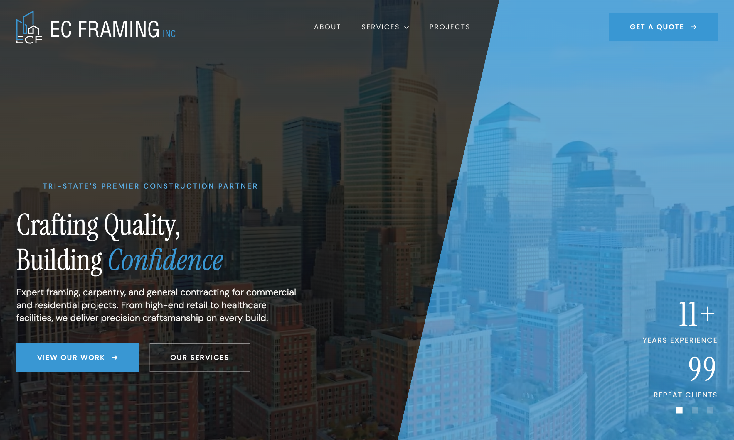 Website homepage for EC Framing Inc. with city skyline background, navigation menu, company tagline, and highlighted stats on years of experience and repeat clients.