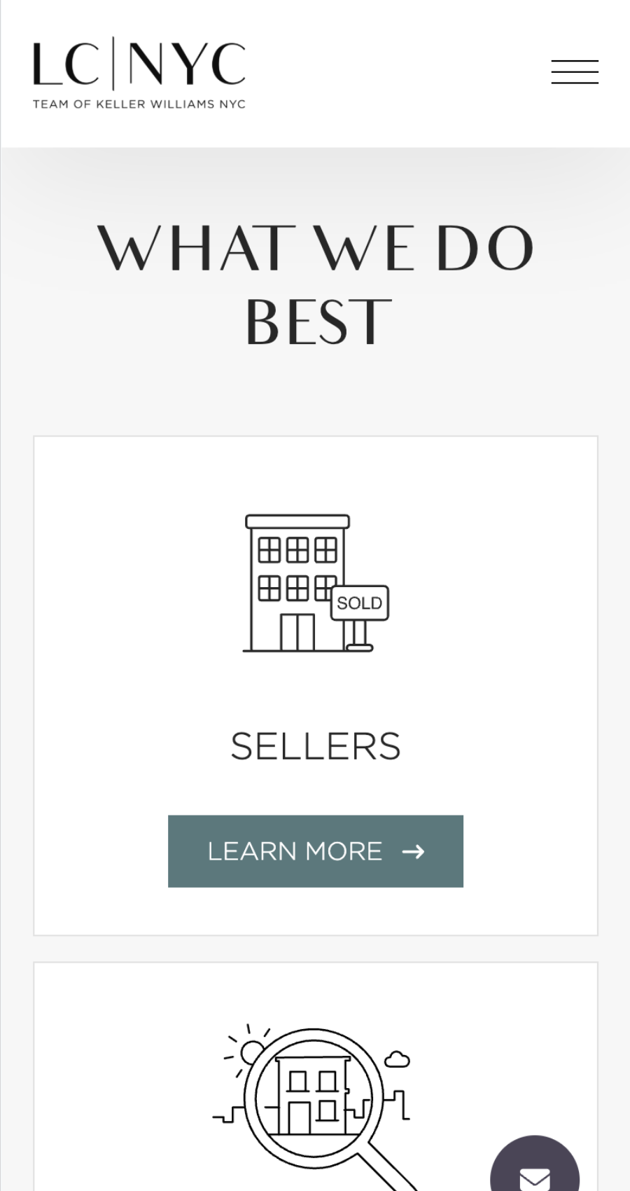 A website section titled "What We Do Best" featuring a graphic of a building labeled "Sellers" with a "SOLD" sign, and a "Learn More" button below.