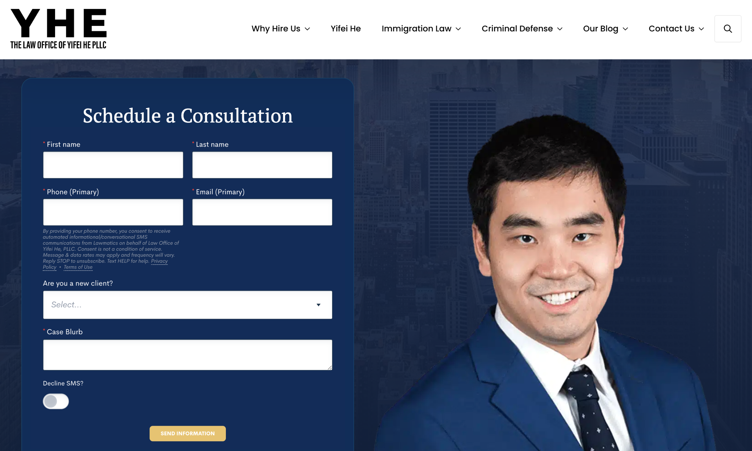A man in a blue suit smiles next to a consultation form on a law office website with the heading "Schedule a Consultation.