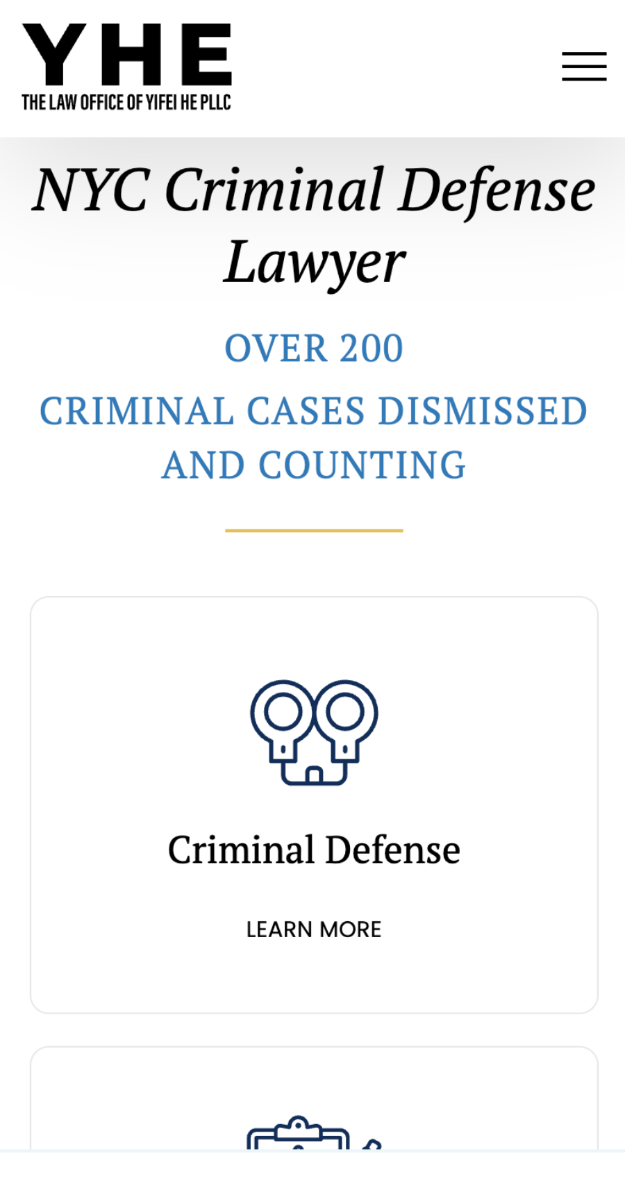 Screenshot of a law office website offering NYC criminal defense services, stating over 200 criminal cases dismissed, with a "Learn More" button for criminal defense information.
