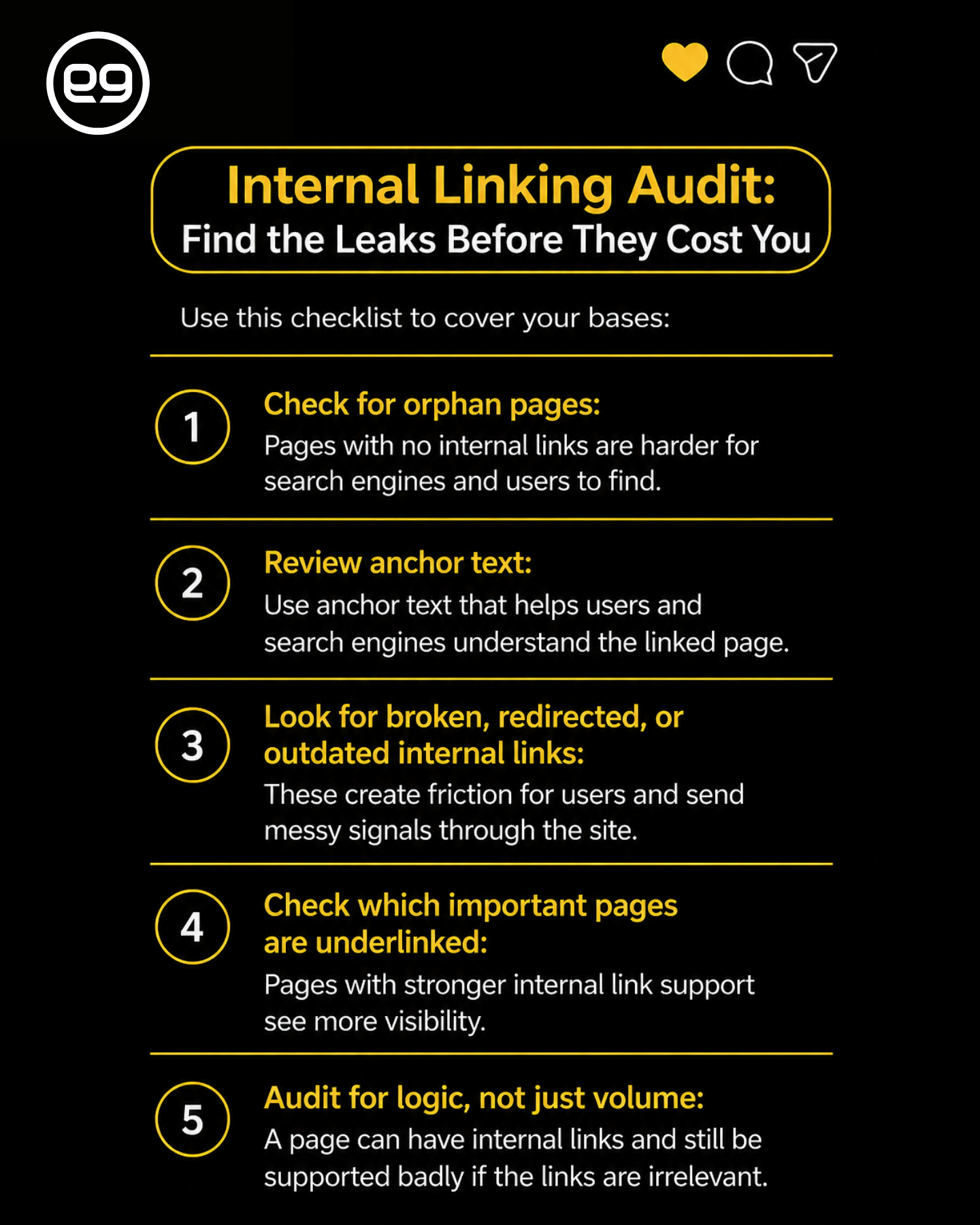Checklist infographic for an internal linking audit, listing five steps to optimize internal linking and enhance website navigation and visibility.