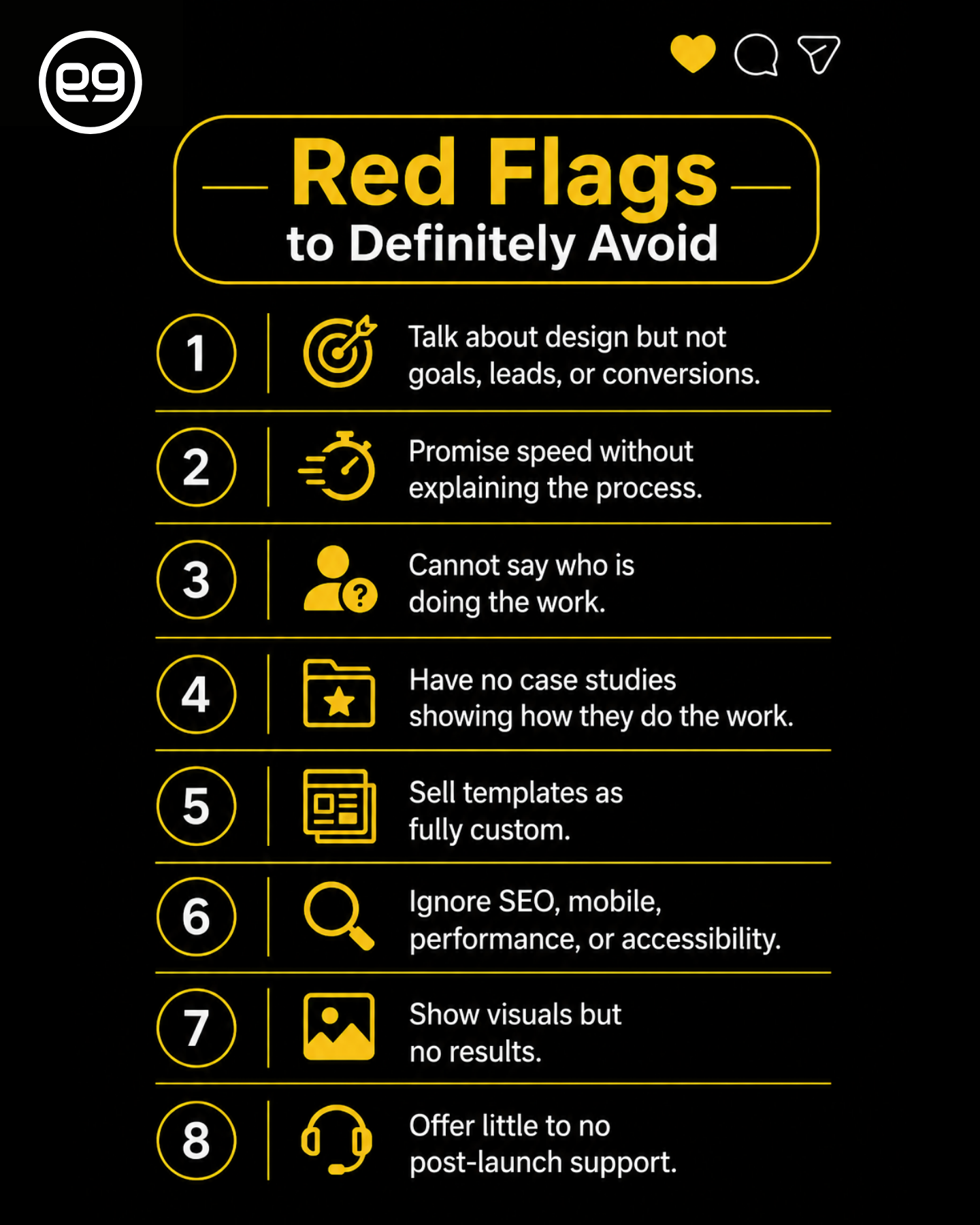 An infographic titled "Red Flags to Definitely Avoid" lists eight warning signs of unreliable web design services, including lack of process, no case studies, and ignoring SEO or post-launch support.
