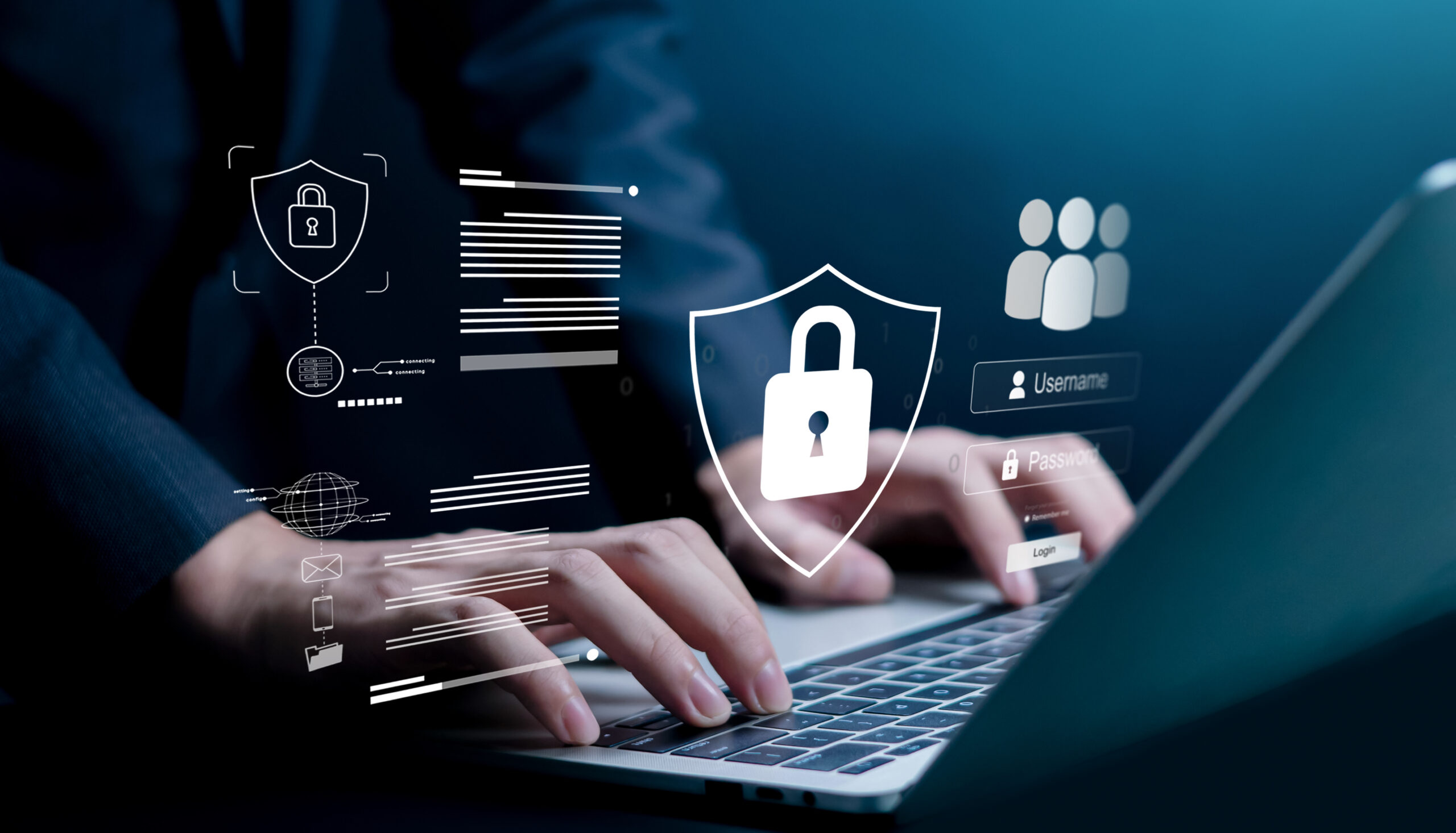 Hands typing on a laptop keyboard with digital security icons, such as a padlock and user profiles, overlaid to represent cybersecurity and data protection.