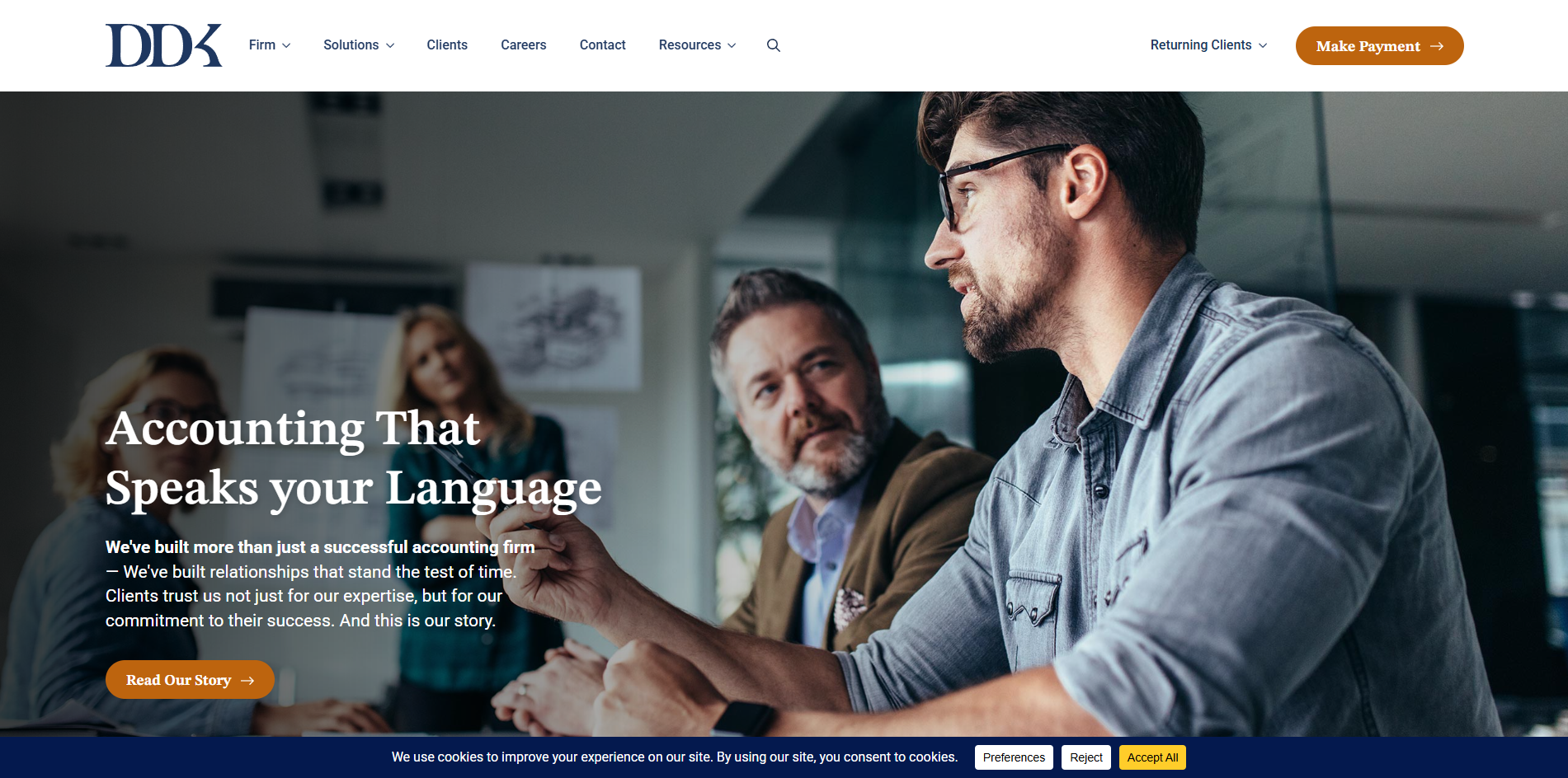 Three professionally dressed people sit at a table in a modern office, engaged in discussion, with Accounting Web Design elements and firm branding visible alongside website navigation.