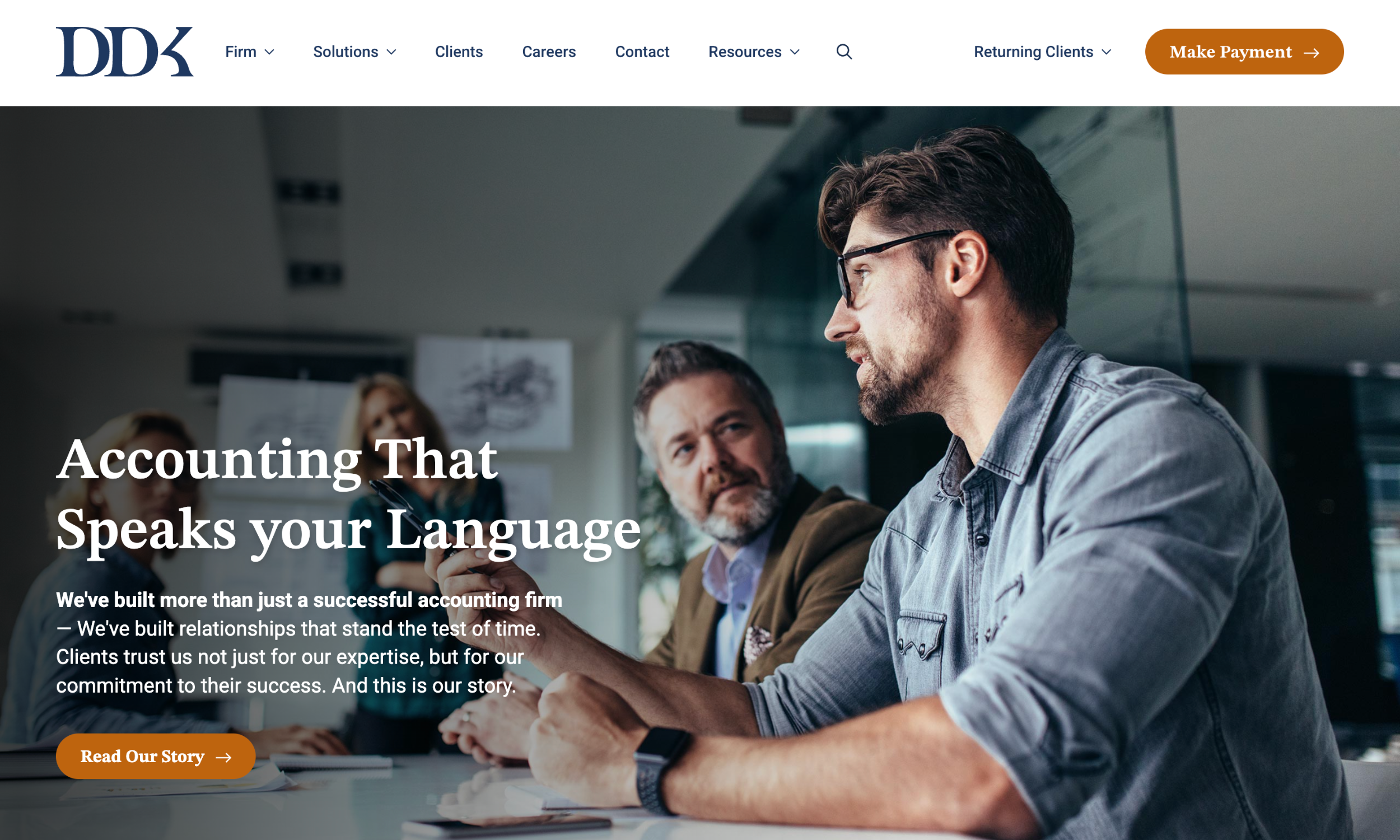 A group of professionals sit around a table in a modern office; text on the image promotes an accounting firm's expertise and client relationships.