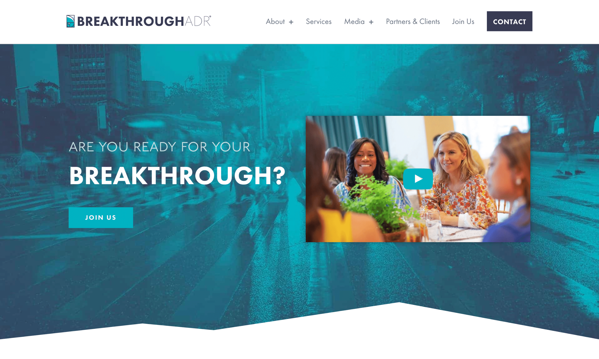 Breakthrough ADR website homepage with a teal background, large text asking "Are you ready for your breakthrough?", and an image of people meeting at a table.