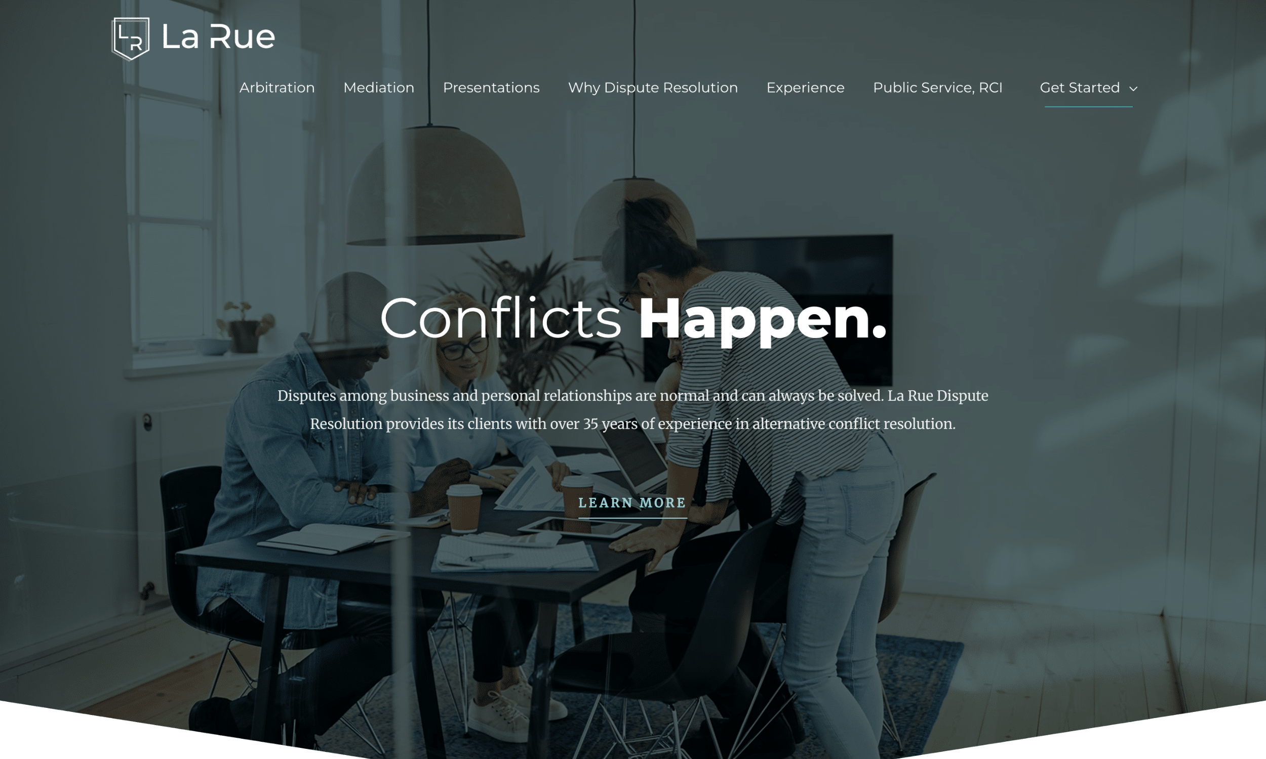 Four people stand and sit around a conference table discussing documents in a modern office; the words "Conflicts Happen" are displayed prominently on the screen.