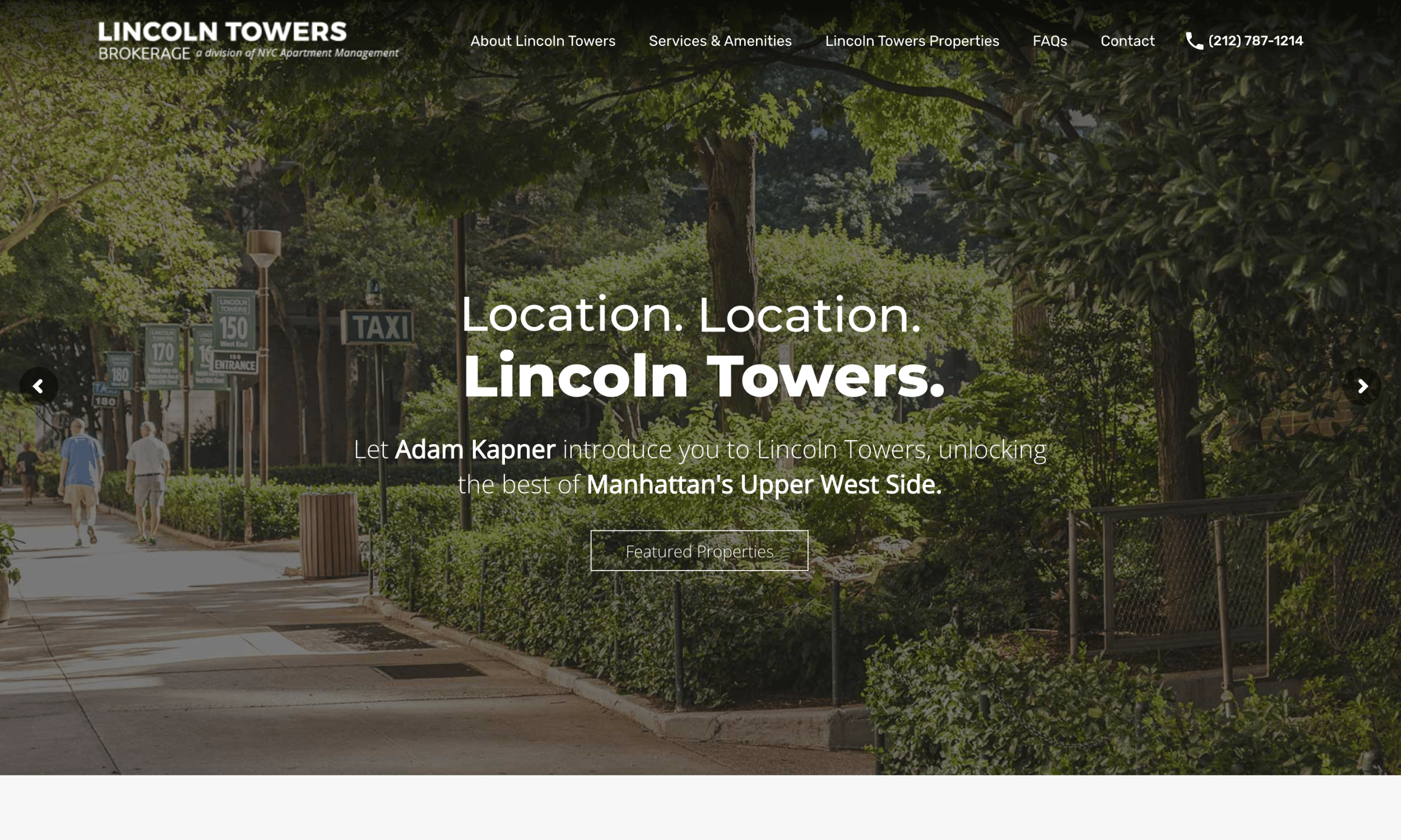 A tree-lined sidewalk with benches and street signs on Manhattan’s Upper West Side; text promotes Lincoln Towers property management services.