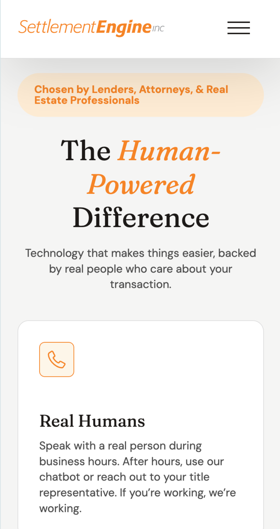 A mobile website screen displays Settlement Engine Inc. promoting “The Human-Powered Difference,” emphasizing real human support for transactions, with text and an icon of a phone.