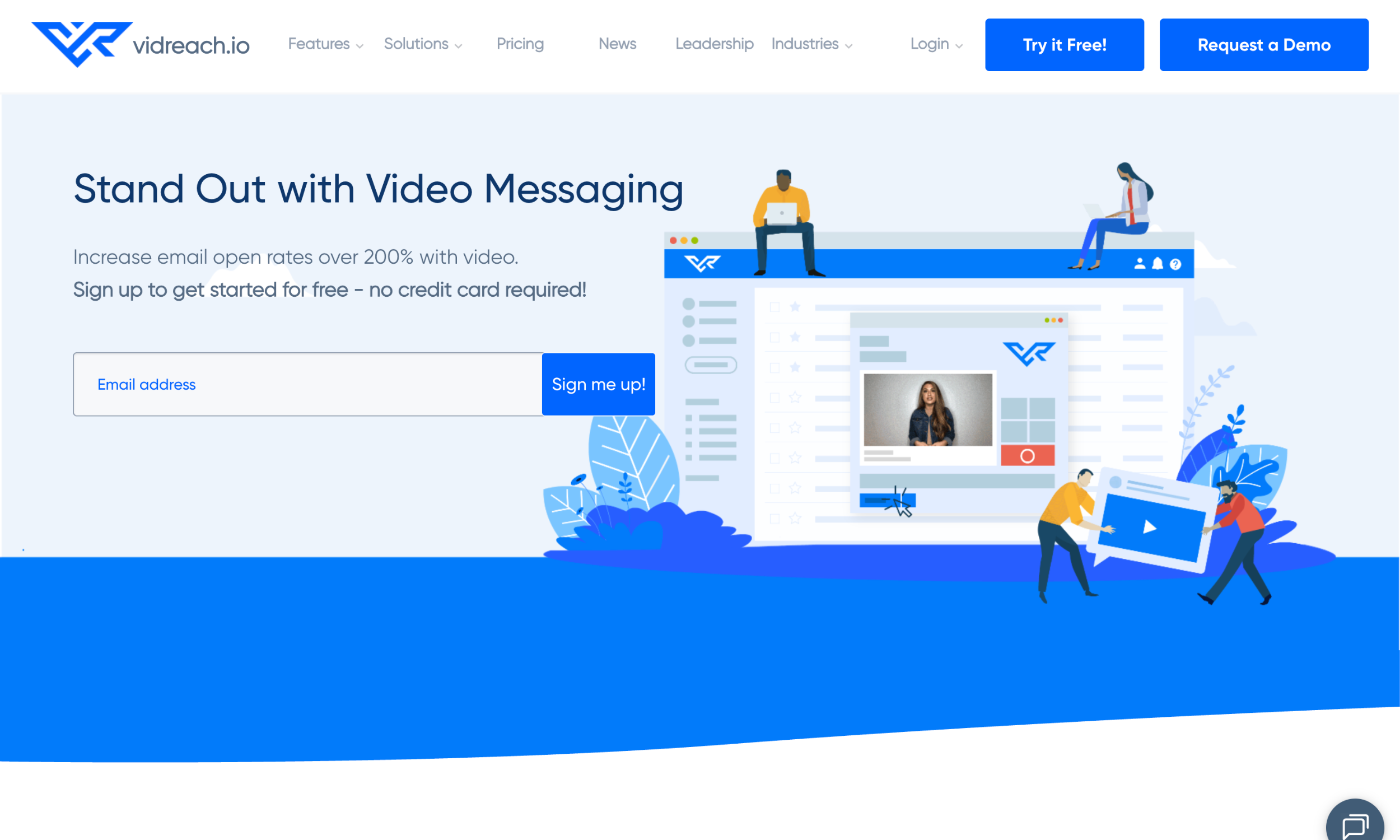 Website screenshot of Vidreach.io homepage featuring a video messaging promotion, email signup form, and illustrated people interacting with oversized digital screens.