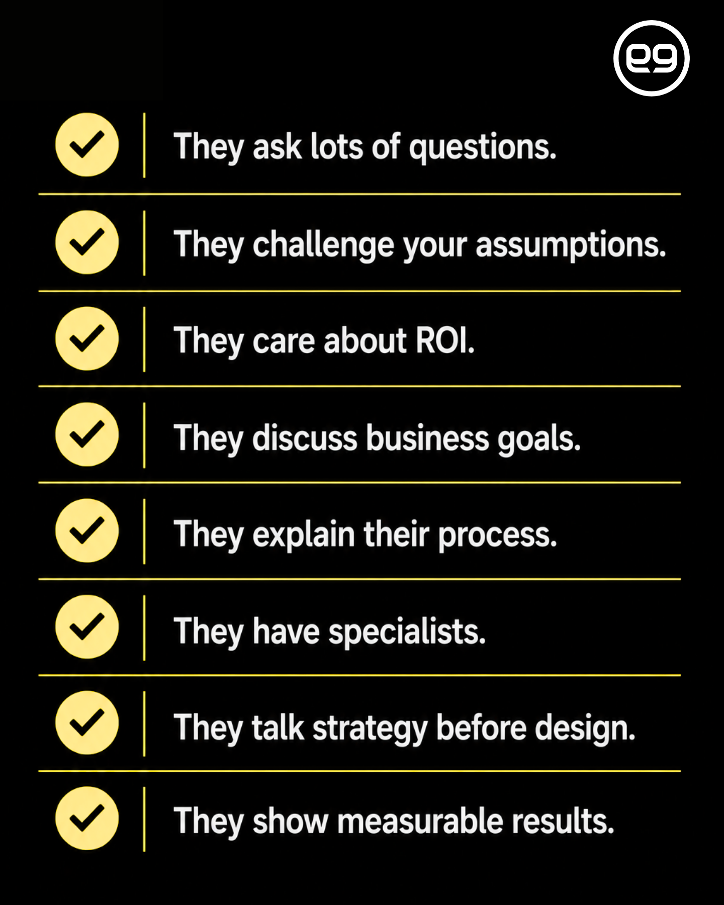 A list of eight characteristics for a successful web design company partnership—like discussing goals and caring about ROI—all marked with a check, to ensure you get more than just an expensive website: questioning, strategy before design, specialists, and proven results.
