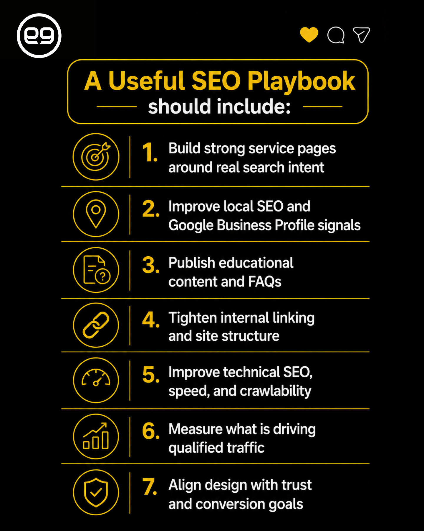 Infographic titled "A Useful SEO Playbook" lists seven key practices for SEO For Accountants, including improving local SEO, publishing FAQs, internal linking, technical SEO, and aligning design with goals.