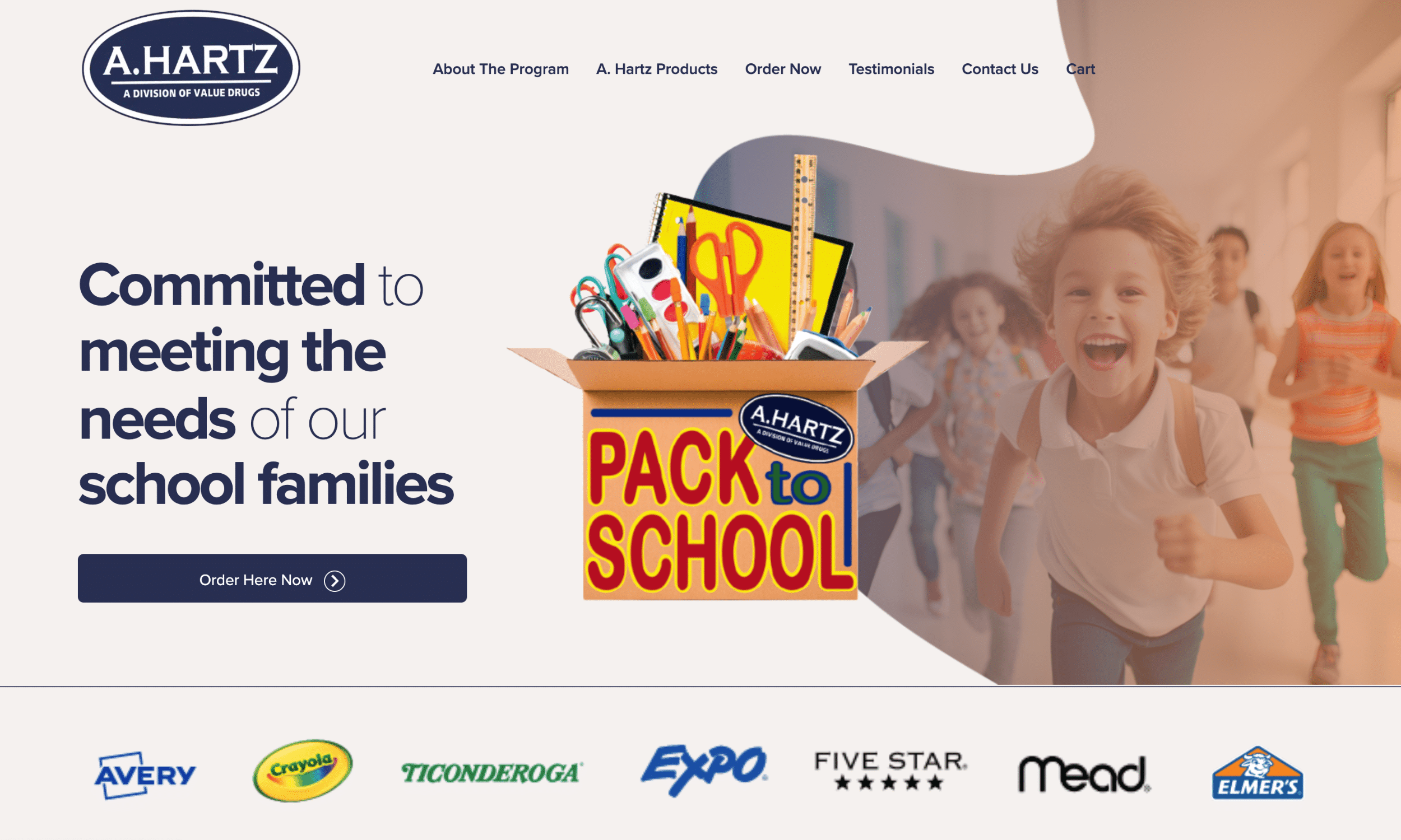 A website banner shows happy children running and an illustration of school supplies in a box labeled “Pack to School,” with text about supporting school families.