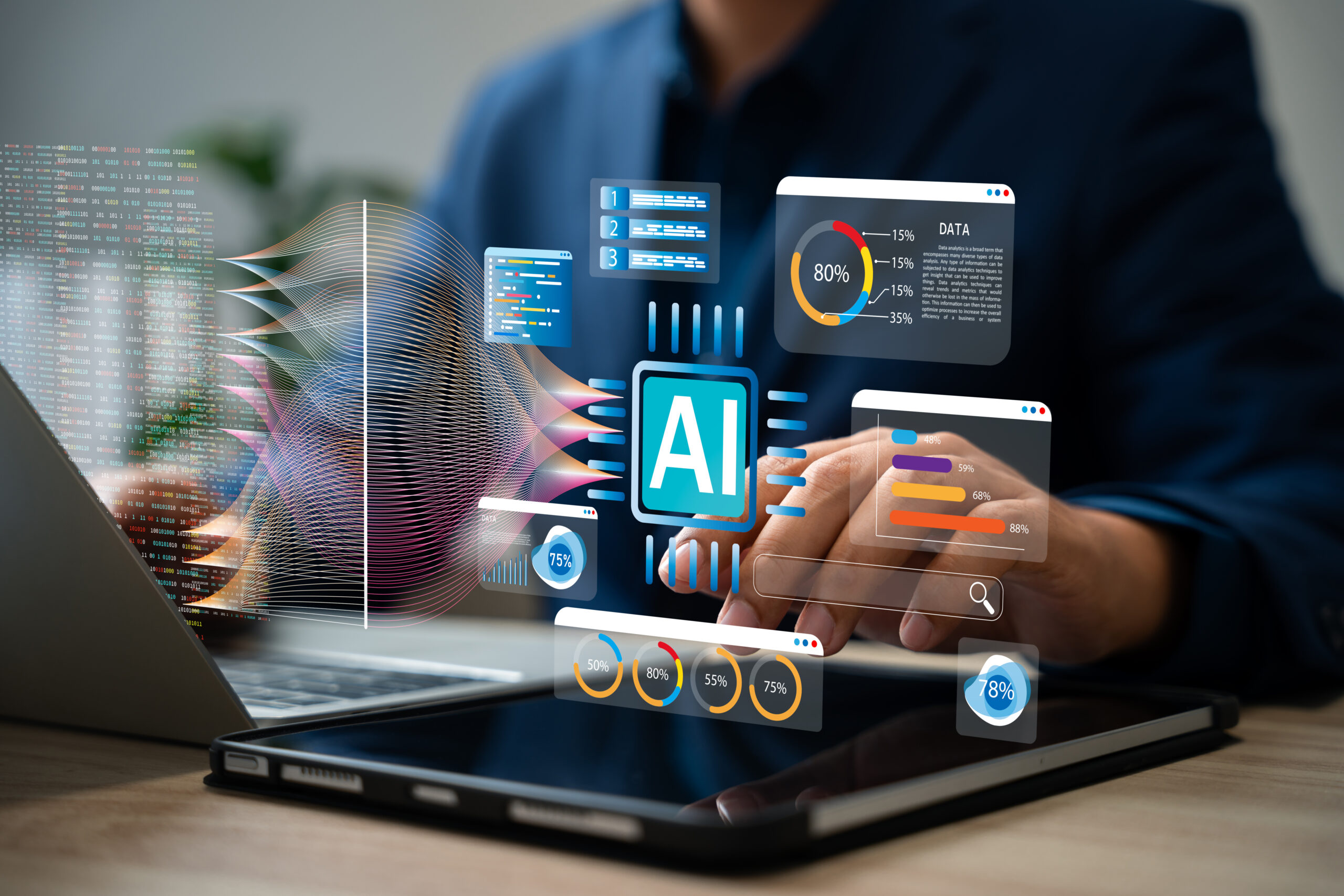 Person working on a laptop with digital graphics showing AI technology, data analytics, and futuristic interface overlays.