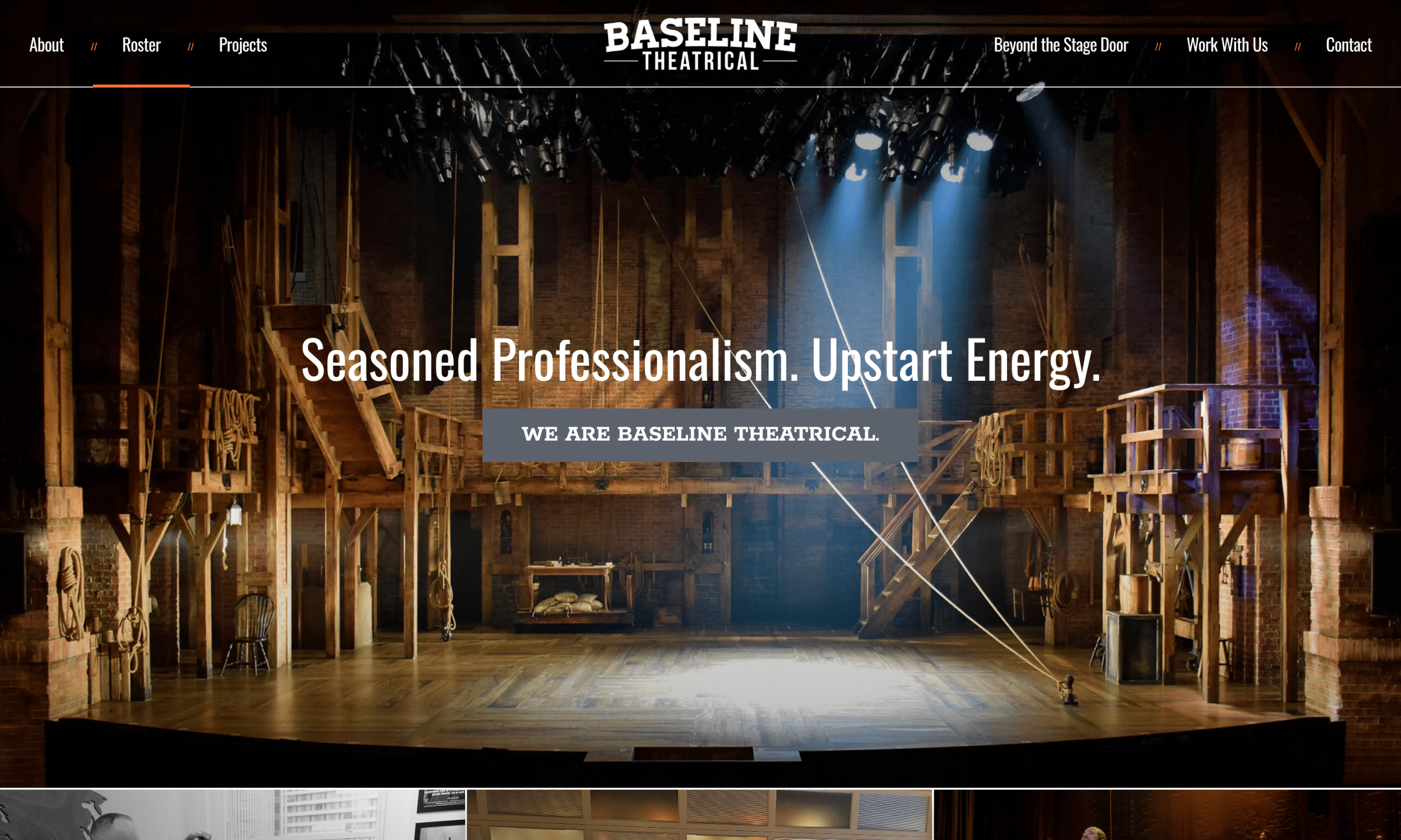 A theater stage with dramatic lighting is shown under the text “Seasoned Professionalism. Upstart Energy.” and “We are Baseline Theatrical.”.