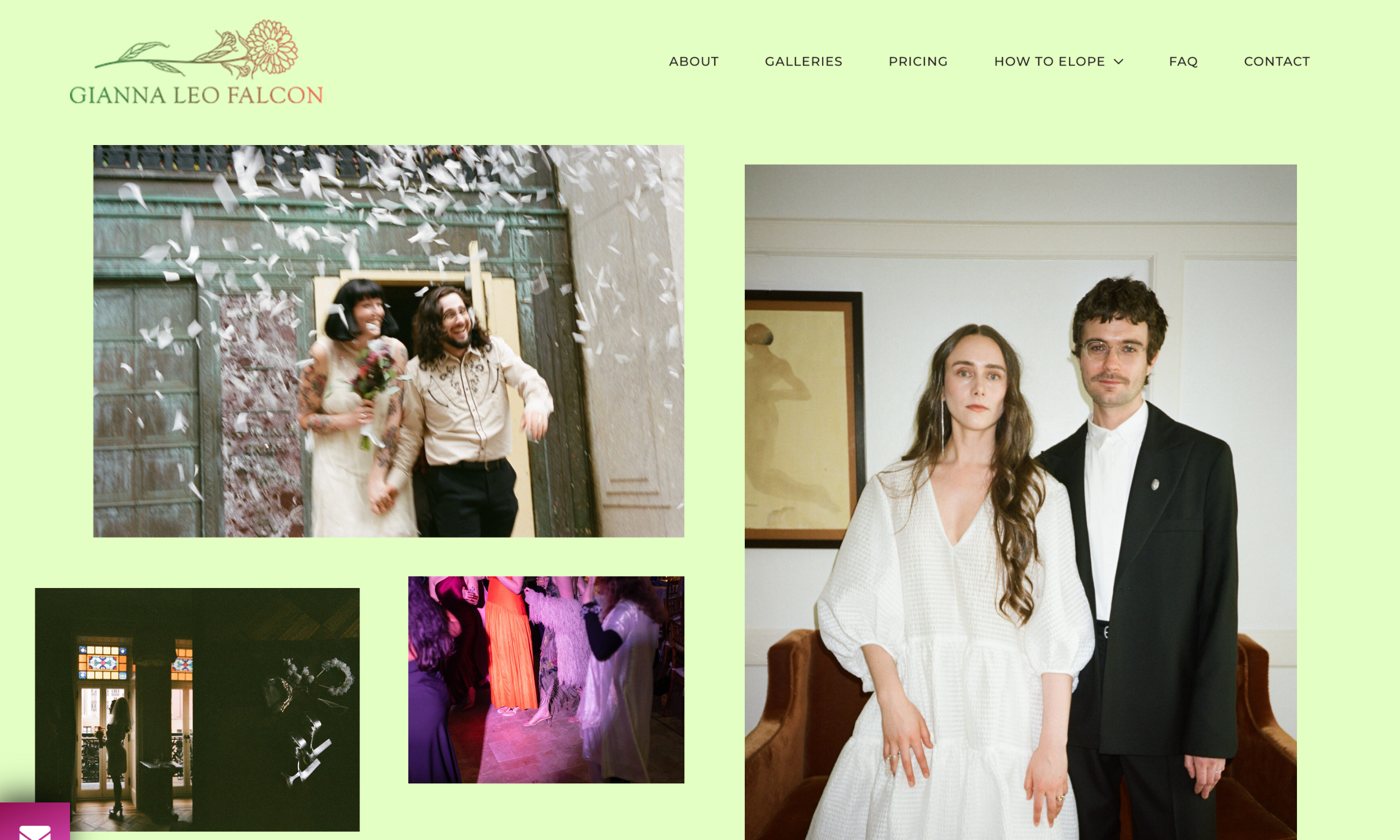 Collage of wedding and elopement photos featuring couples in formal attire, set against a light green background with navigation menu and logo at the top.