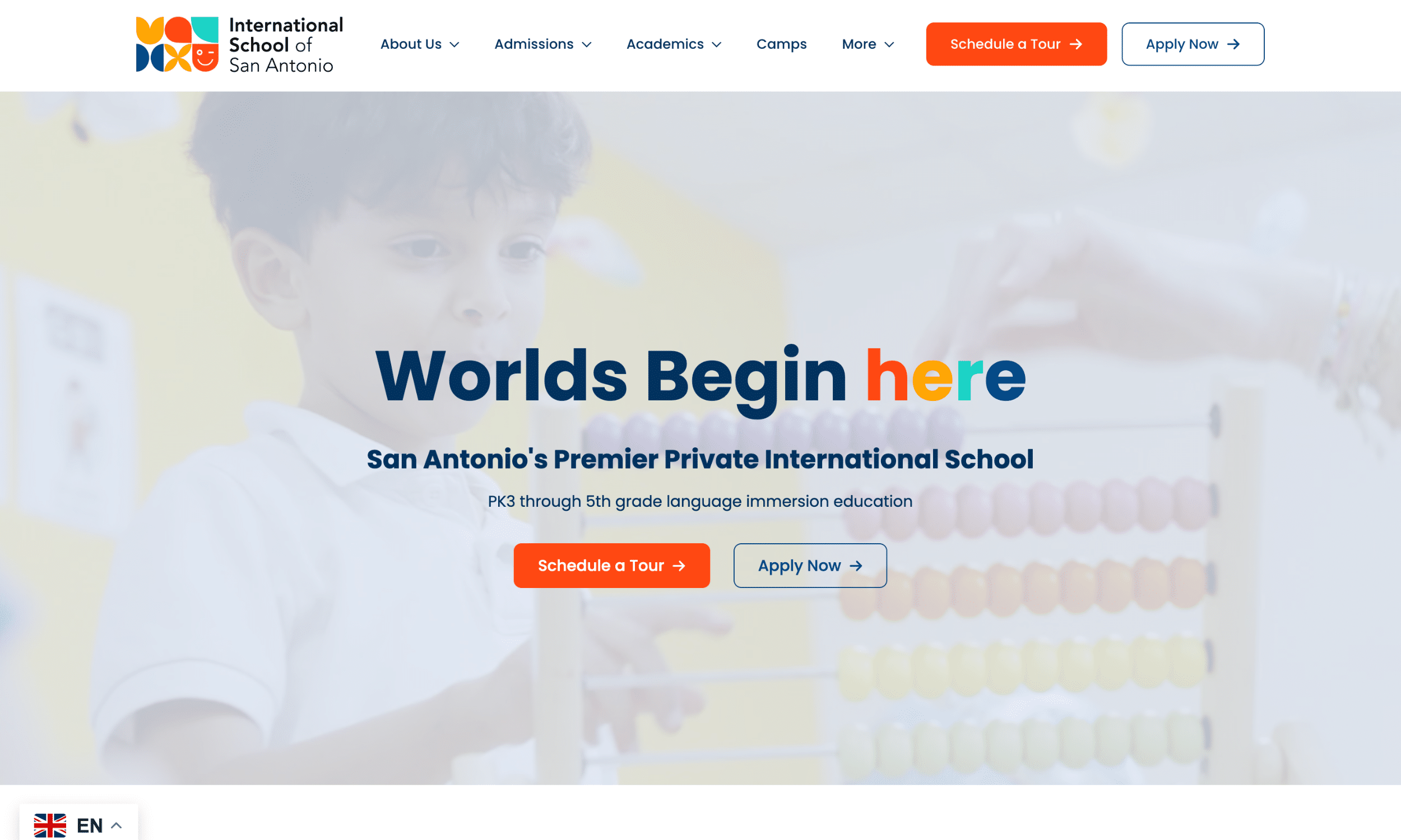 Young boy uses an abacus in a classroom. The International School of San Antonio website promotes language immersion education and offers options to schedule a tour or apply now.