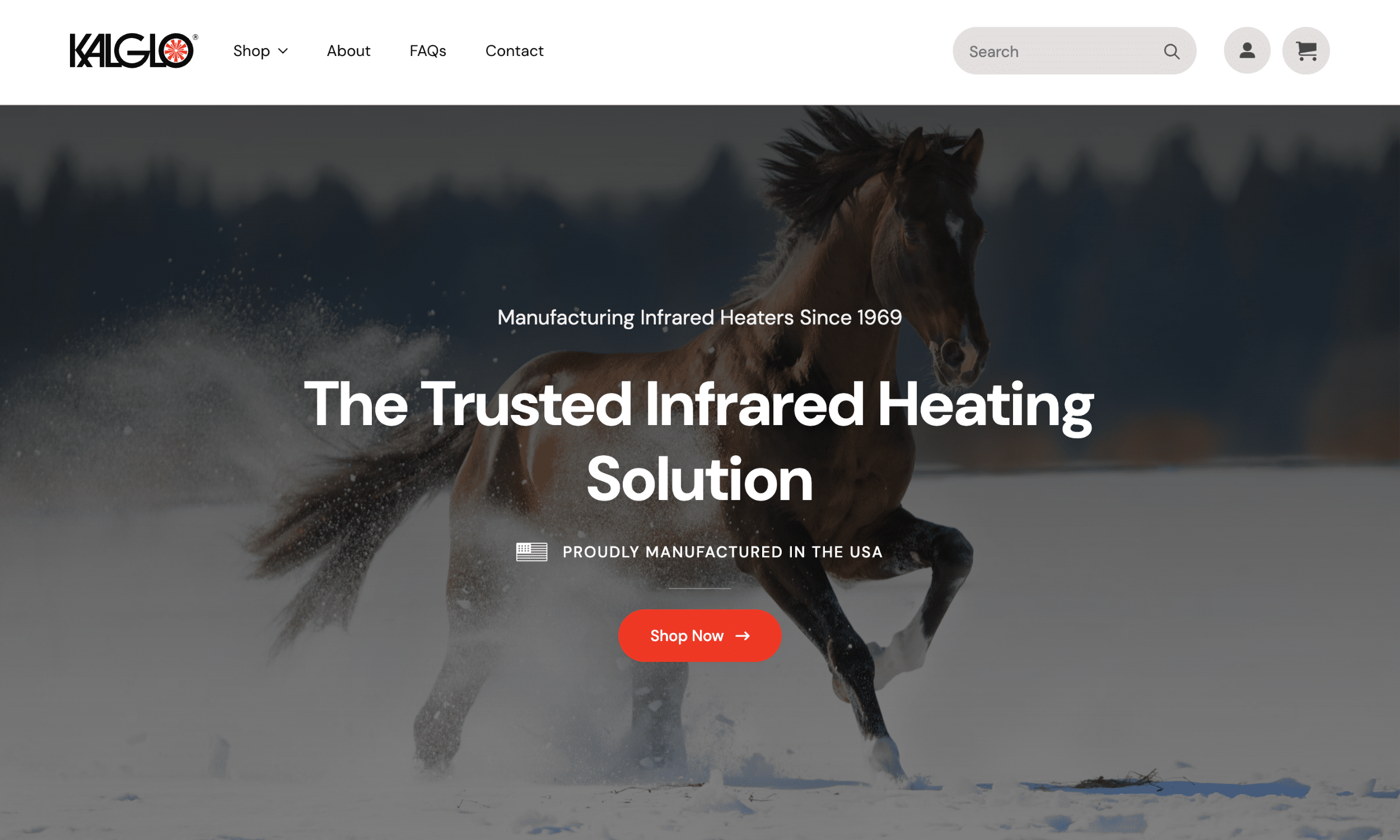 A brown horse runs on snow with pine trees in the background; website text promotes infrared heaters manufactured in the USA.