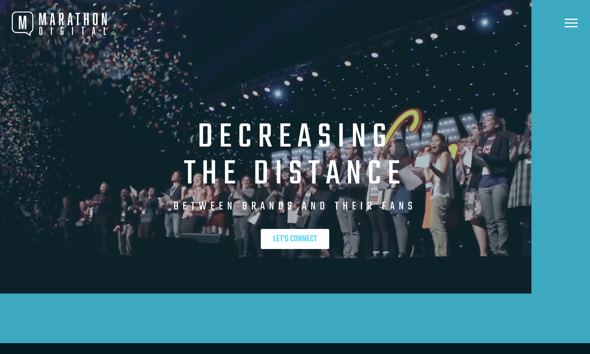 A large group of people stands on a stage under bright lights and falling confetti, with the text “Decreasing the Distance Between Brands and Their Fans” displayed over the image.