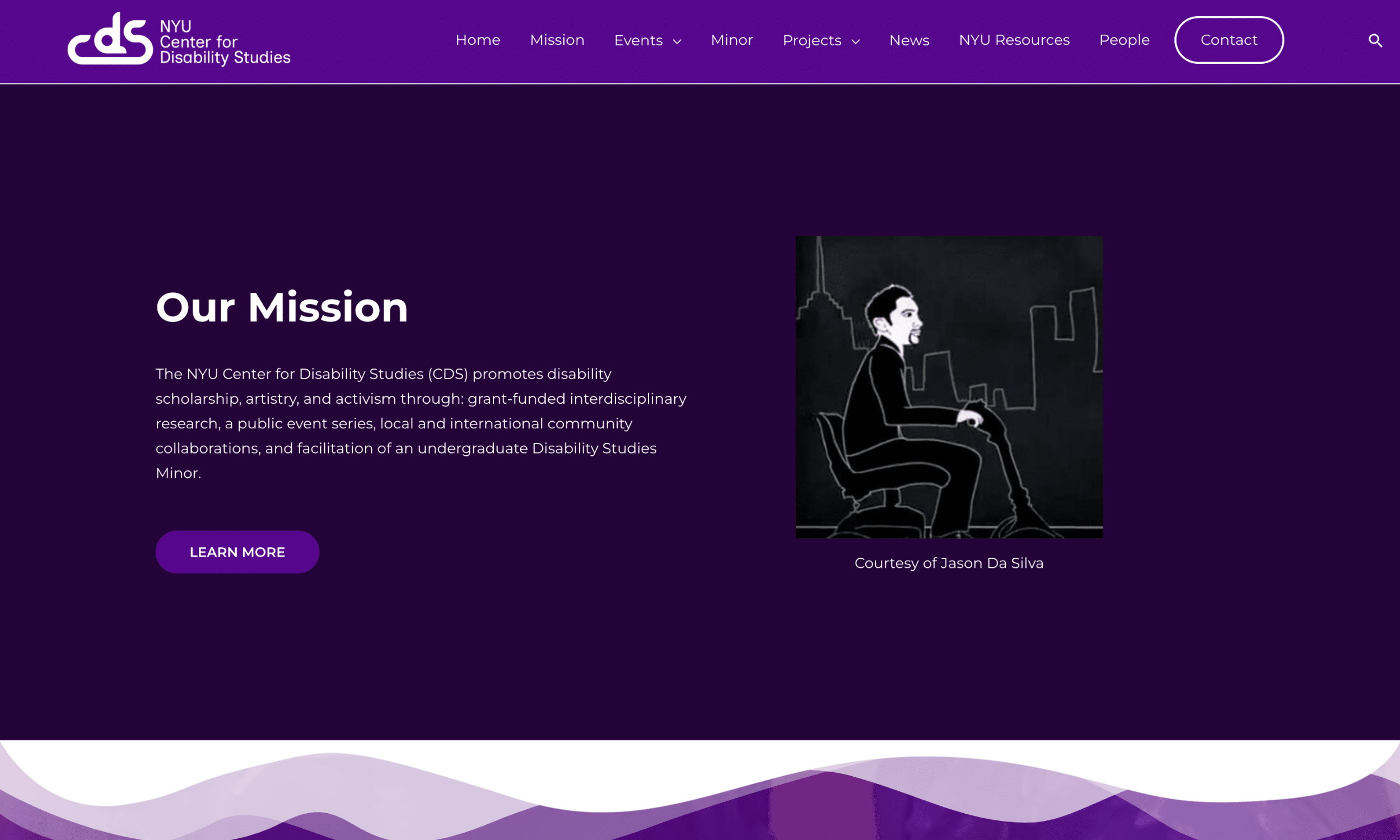 Screenshot of the NYU Center for Disability Studies website mission page, showing text about the center’s mission and an illustration of a person seated at a desk.