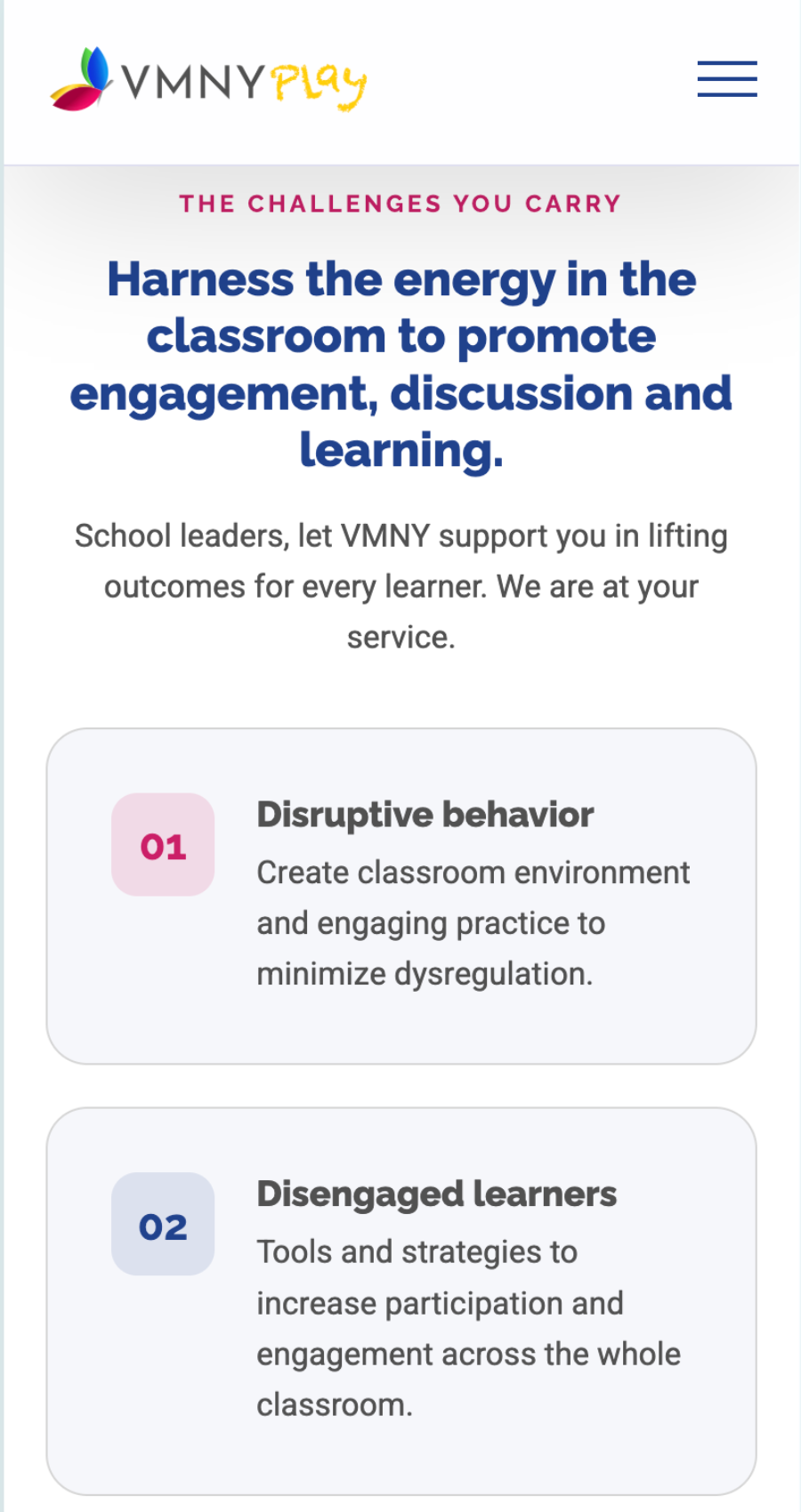 A webpage describing strategies for classroom engagement, featuring sections on disruptive behavior and disengaged learners, with supporting tips for school leaders.