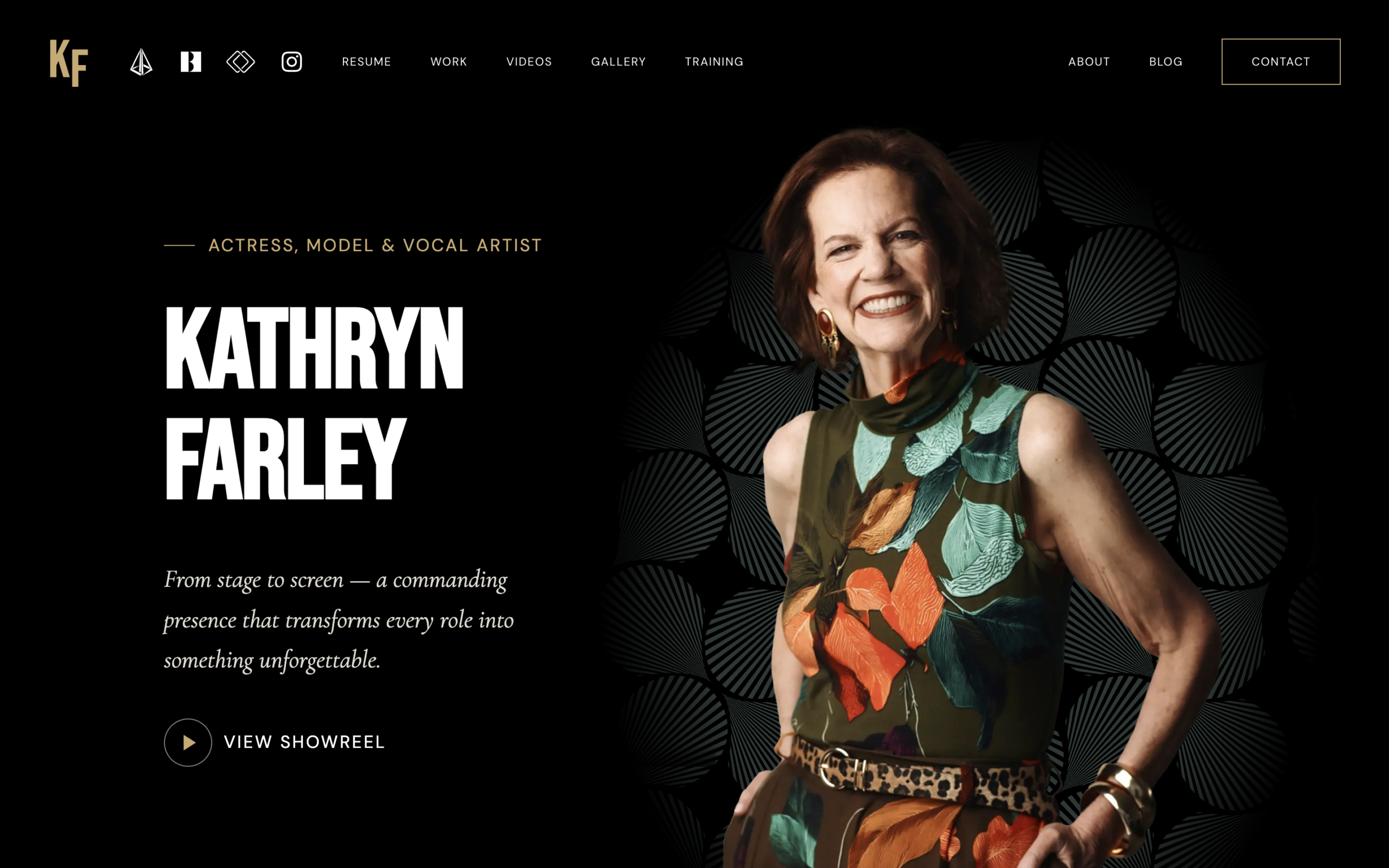 Smiling woman in a floral-patterned dress stands with hands on hips next to text introducing Kathryn Farley as an actress, model, and vocal artist on a dark website background.