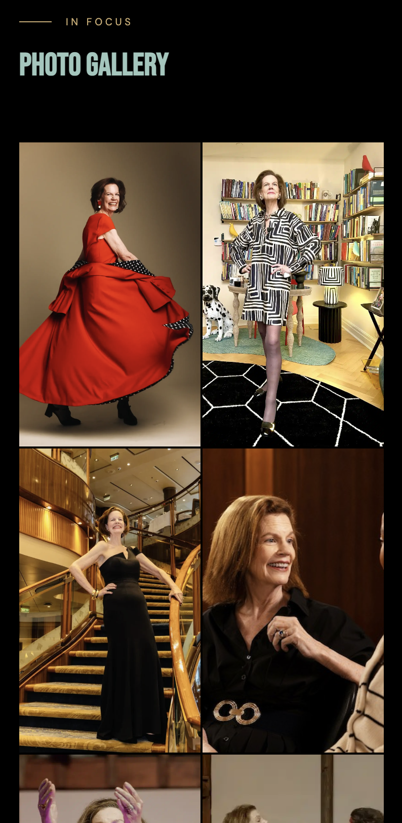 A woman poses in various outfits, including a red dress, a geometric-patterned dress, a black gown on stairs, and seated in a black top, in a series of four indoor settings.