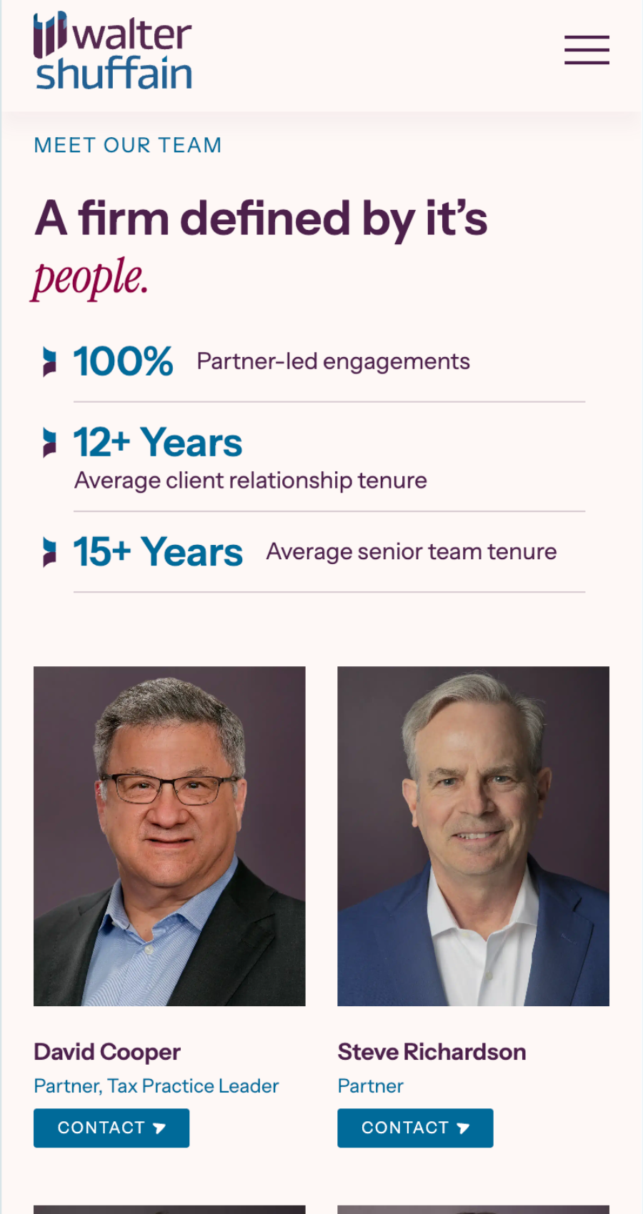 Screenshot of a company’s team page showing statistics about partner tenure and photos of two male partners, David Cooper and Steve Richardson, with their titles and contact buttons.