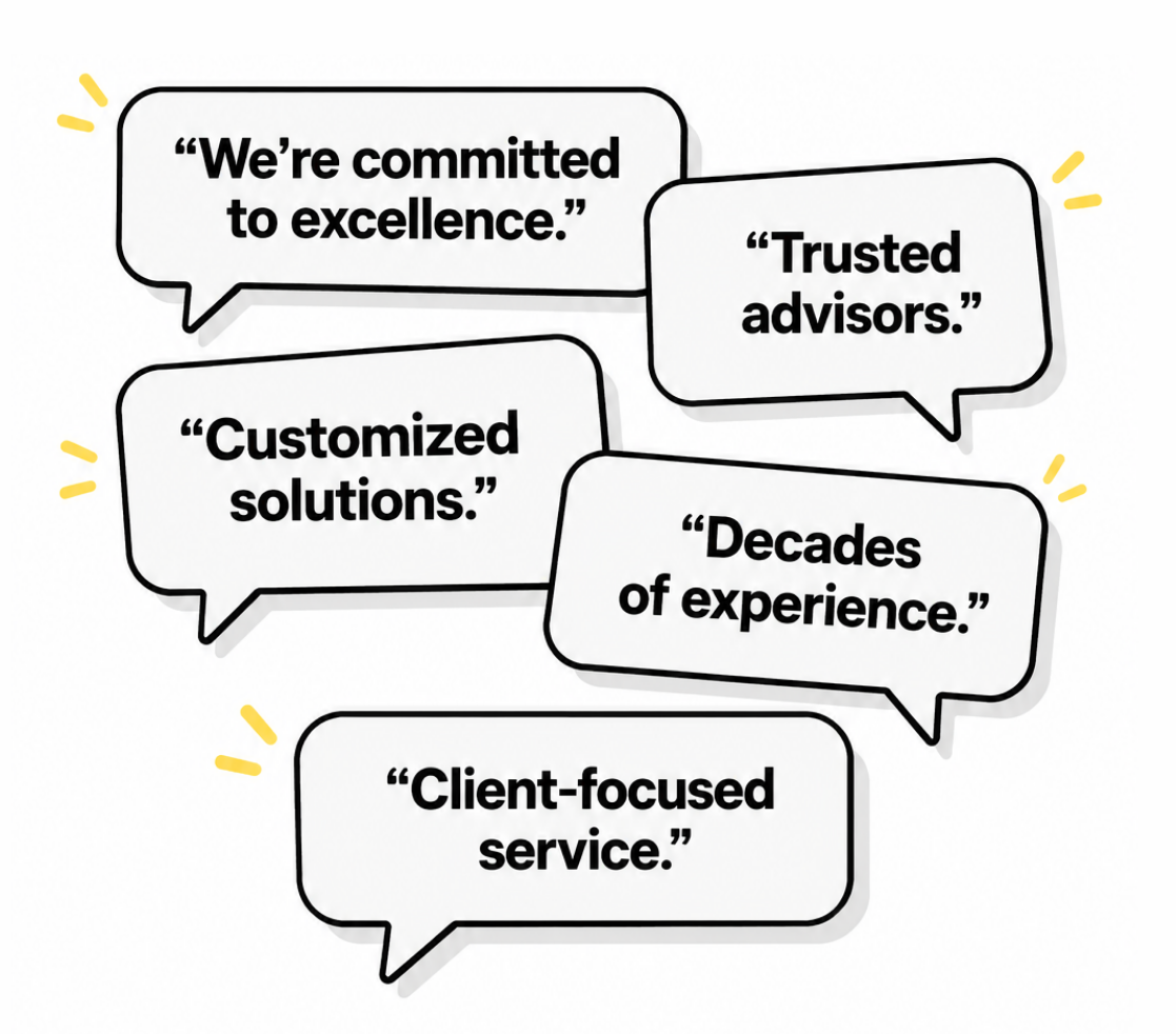 Five speech bubbles display the phrases: committed to excellence, trusted advisors, customized solutions, decades of experience, and marketing strategy.
